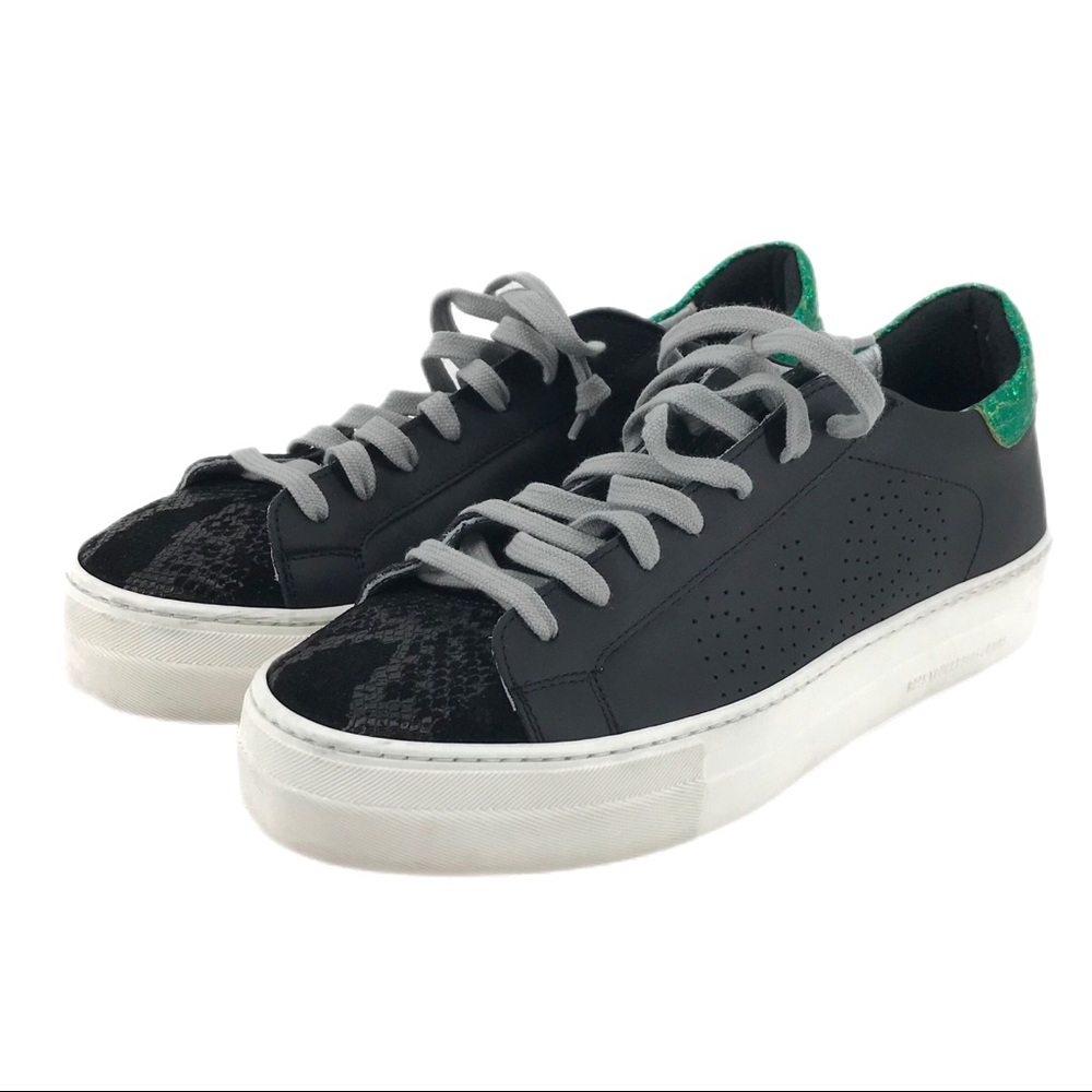 P448 Thea Black Leather Lace Up Sneaker Green Glitter Heel Accent EU 40 US 9.5
